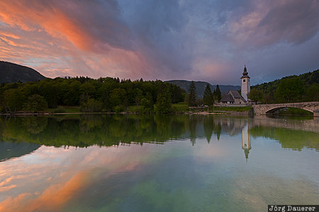 Slovenia, Bohinjsko jezero, evening light, John the Baptist, lake, Lake Bohinj, reflexion, Upper Carniola, Ribcev Laz