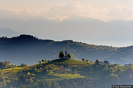 church, green, Julian Alps, meadow, morning light, kofja Loka, St. Thomas, Slovenia, Upper Carniola, Spodnja Lua