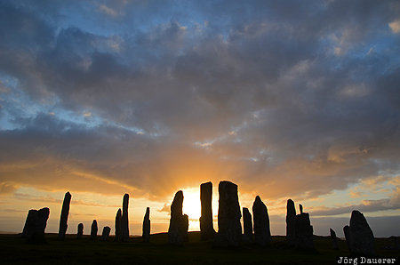 Callanish, GBR, Scotland, back-lit, Callanish Stones, Isle of Lewis, outer Hebrides, United Kingdom, Gro&szlig;britannien, Vereinigtes K&ouml;nigreich, Schottland, Grossbritannien, Vereinigtes Koenigreich