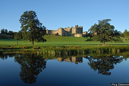 Alnwick Castle, United Kingdom, Northumberland, Alnwick, castle, reflexion, morning light, trees, meadow