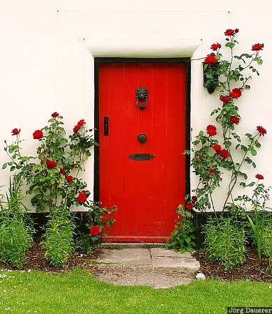 Dorset, England, Milton Abbas, door, red, red door, cottage, United Kingdom, Gro&szlig;britannien, Vereinigtes K&ouml;nigreich, Grossbritannien, Vereinigtes Koenigreich