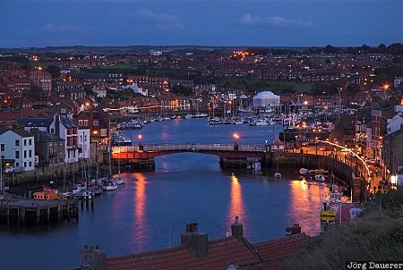 Whitby at Night, United Kingdom, Whitby, Yorkshire, blue hour, bridge, floodlight, houses, night, River Esk