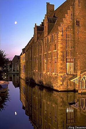 West Flanders, Bruges, moon, Belgium, reflexion, flood light, blue hour, Belgien