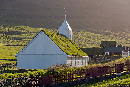 Faroe Islands, FRO, H&uacute;savik, atlantic Ocean, back-lit, church, evening light, Sandoy, F&auml;r&ouml;er-Inseln, Faeroeer-Inseln