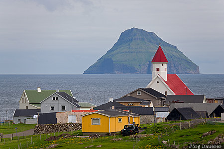 Faroe Islands, FRO, Hvalba, atlantic Ocean, church, green, houses, Su&eth;uroy, F&auml;r&ouml;er-Inseln, Suduroy, Faeroeer-Inseln