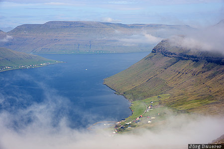 Faroe Islands, FRO, blue sky, clouds, fjord, fog, Kollafj&oslash;r&eth;ur, Steymoy, F&auml;r&ouml;er-Inseln, Kollafjordur, Faeroeer-Inseln