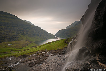 Faroe Islands, FRO, Saksun, back-lit, church, evening light, lake, Steymoy, F&auml;r&ouml;er-Inseln, Faeroeer-Inseln