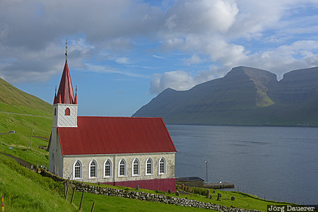 Faroe Islands, FRO, H&uacute;sar, church, morning light, mountains, north atlantic, Kalsoy, F&auml;r&ouml;er-Inseln, Faeroeer-Inseln