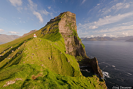 Faroe Islands, FRO, Tr&oslash;llanes, back-lit, blue sky, evening light, green, Kalsoy, F&auml;r&ouml;er-Inseln, Trollanes, Faeroeer-Inseln