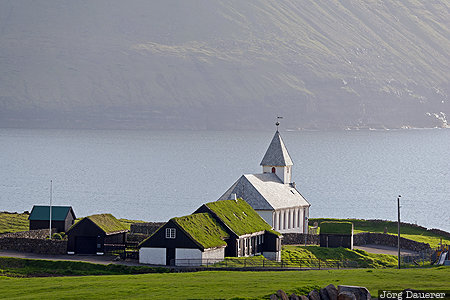 Faroe Islands, Fodlendi, FRO, church, grass roof, green, north atlantic, Vi&eth;arei&eth;i, F&auml;r&ouml;er-Inseln, Vidareidi, Faeroeer-Inseln