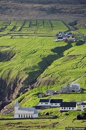 Faroe Islands, FRO, church, Fodlendi, green, meadow, north atlantic, Vi&eth;arei&eth;i, F&auml;r&ouml;er-Inseln, Vidareidi, Faeroeer-Inseln