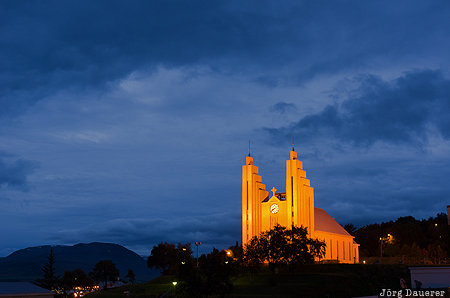 Akureyri, Iceland, ISL, Akureyrarkirkja, blue hour, church, Nor&eth;urland eystra, Nordurland eystra