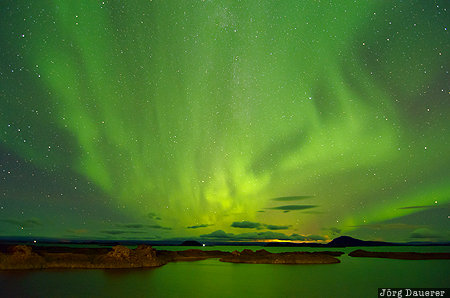 Iceland, ISL, Nor&eth;urland Eystra, Reykjahl&iacute;&eth;, Aurora Borealis, lake, M&yacute;vatn, Nordurland Eystra, Reykjahlid