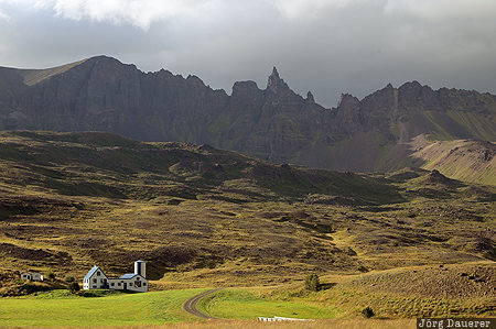 Öxnadalur Akureyri, Iceland, ISL, back-lit, dark clouds, evening light, farm, Norðurland eystra, Nordurland eystra