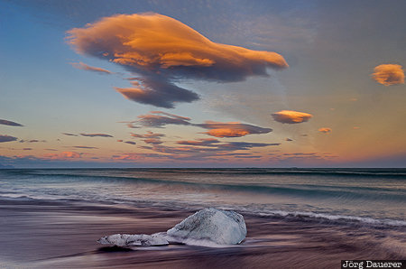 Jökulsárlón Sunset Austurland, Iceland, ISL, Atlantic Ocean, beach, coast, colorful sky, Jökulsárlón, Joekulsarlon