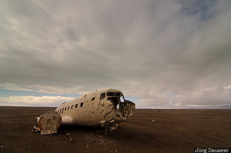 Iceland, ISL, blue sky, clouds, coast, Douglas C 117-D, lava sand, Austurland, S&oacute;lheimasandur, Solheimasandur