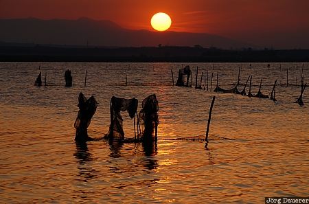 Gargano, Lesina, Italy, lago di Lesina, sun, sunset, fishing nets, Apulia, Italien, Italia, Apulien, Puglia