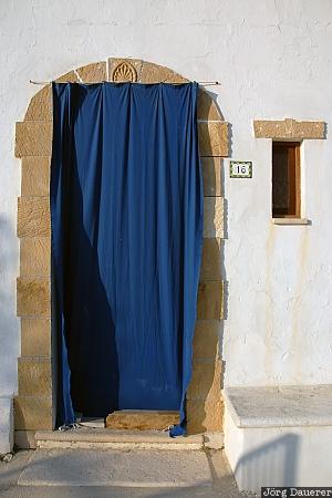 Gargano, Peschici, Apulia, door, blue curtain, Italy, Foggia