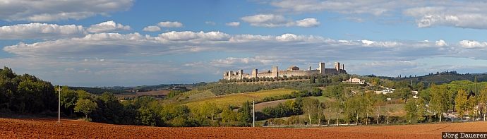 blue sky, clouds, farmland, Italy, medieval, Monteriggioni, Tuscany, Italien, Italia