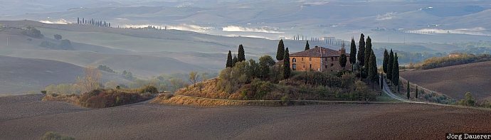 farm house, farmland, fog, Italy, morning light, olive trees, Tuscany, Italien, Italia