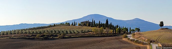 blue sky, Castelmuzio, farm house, farmland, Italy, Tuscany, olive trees, Italien, Italia