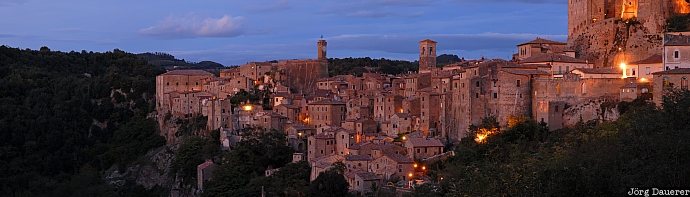 blue hour, clouds, floodlit, Italy, panorama, Sorano, Tuscany, Italien, Italia