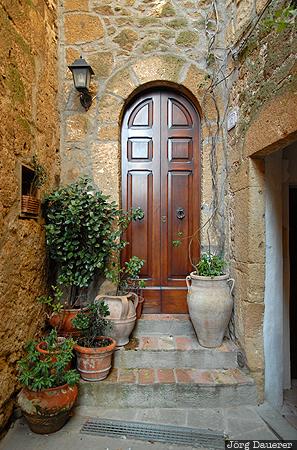 Italy, Pitigliano, Tuscanay, alley, door, flower pots, stone, Tuscany, Italien, Italia