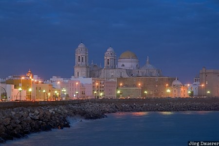 Andalusia, blue hour, Cadiz, C&aacute;diz, cathedral, church, illumination, Spain, Spanien, Espana, Andalucia, Andalusien