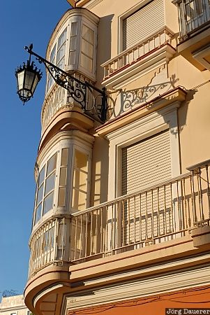 Andalusia, balcony, blue sky, Cadiz, C&aacute;diz, evening light, oriel, Spain, Spanien, Espana, Andalucia, Andalusien