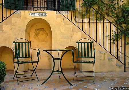 Patio, Andalusia, Seville, Spain, chairs, courtyard, stairs, table, yellow