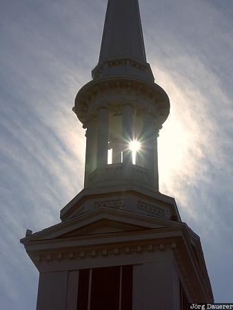 Sandwich, church, churchtower, sun, Massachusetts, New England, United States, USA, Vereinigte Staten, MA