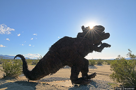 Borrego Springs, California, United States, USA, back-lit, blue sky, Dying Dinosaur Sculpture, Vereinigte Staten, Kalifornien, CA