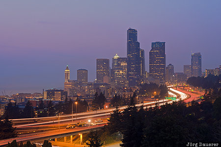 Seattle, United States, USA, Washington, blue hour, evening light, I-5, Vereinigte Staten, WA