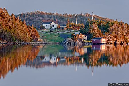 CAN, Canada, Newfoundland, Salt Harbour, evening light, fishing shack, reflexion, Kanada