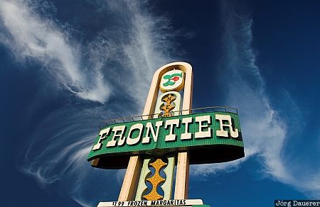 New Frontier, casino, sign, blue sky, clouds, Las Vegas, Nevada