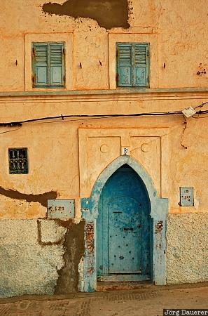 Morocco, Sidi Ifni, Souss-Massa-Dr&acirc;a, blue, crumbling plaster, door, facade, Marokko
