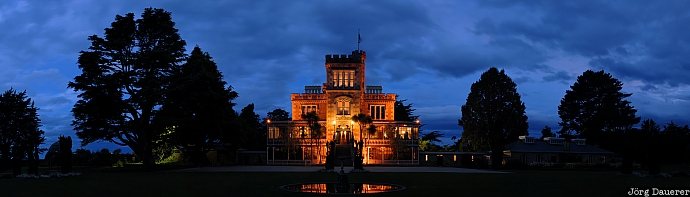 New Zealand, Otago, Broad Bay, blue hour, castle, evening, floodlight, Neuseeland