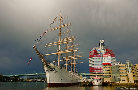 boat, dark clouds, four-masted steel barque, Gothenburg, harbour, Lilla Bommen, ship, Sweden, V&auml;stra G&ouml;taland, G&ouml;teborg, Vaestra Goetaland, Goeteborg