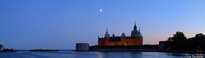 baltic sea, blue hour, castle, evening light, flood-lit, half moon, Kalmar, Sweden
