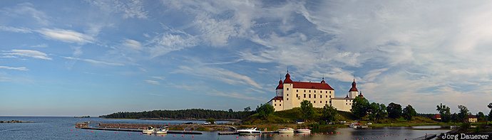blue sky, castle, clouds, evening light, H&auml;llekis, L&auml;ck&ouml; Slott, lake, Sweden