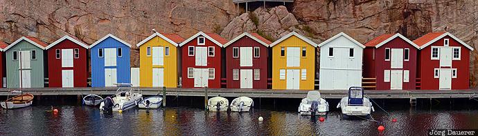blue, boats, Bohusl&auml;n, colorful, green, huts, jetty, Sweden