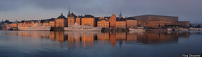 Gamla stan, mist, morning light, quay, reflexion, ships, Skeppsbrokajen, Sweden