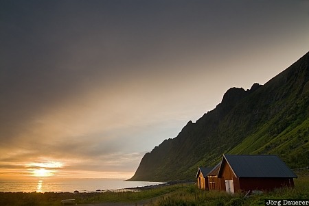 Sunset dark clouds, Ersfjord, evening light, island, Norway, norwegian Sea, peaks, Troms, Norwegen, Norge