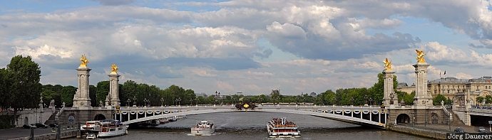 Pont Alexandre III boats, bridge, clouds, evening light, gold, Pont Alexandre III, river, France, Frankreich