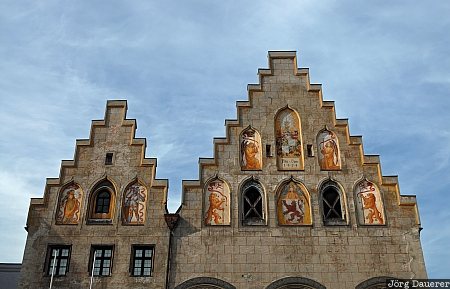 Gables in Wasserburg Germany, Upper Bavaria, Wasserburg am Inn, bavaria, blue sky, clouds, gables, Deutschland, Bayern