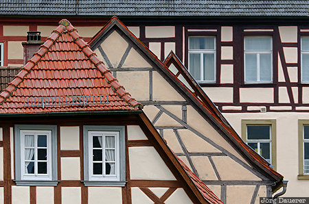 Königsberg Bavaria, facade, gable, half-timbered, pattern, windows, DEU, Germany, Königsberg, Deutschland, Bayern, Koenigsberg