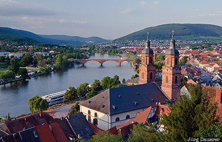 Miltenberg Bavaria, blue sky, bridge, church, evening light, main, Mildenburg, Germany, Miltenberg, Deutschland, Bayern