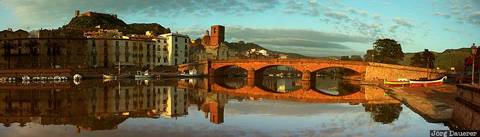 Bosa, bridge, Castello Malaspina, castle, clouds, evening light, ITA