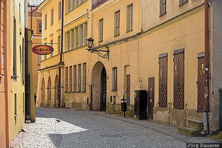 Lublin, POL, Poland, alley, cobblestone, facades, street lamp