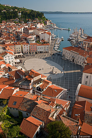 Piran, Church of Saint George, evening light, mediterranean Sea, red, roofs, Slovene Littoral, Slovenia